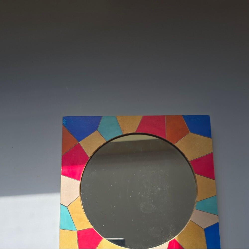 Multicolor Geometric Square Framed Accent Mirror, Wood Frame, 8 in